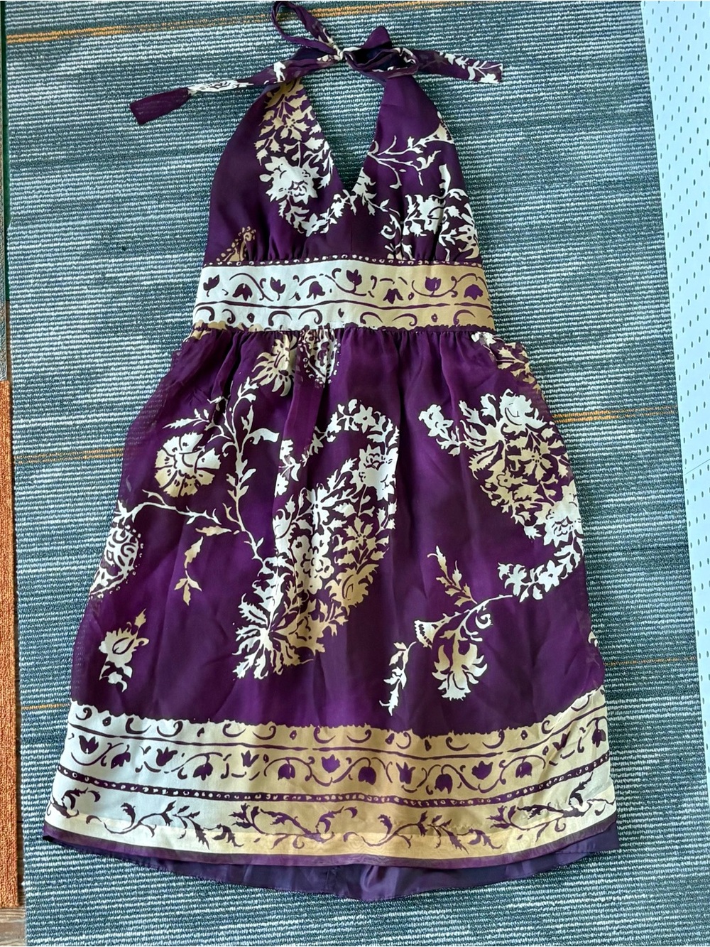 Jones New York Plum Silk Halter Dress with Beige Floral Accents Size 10